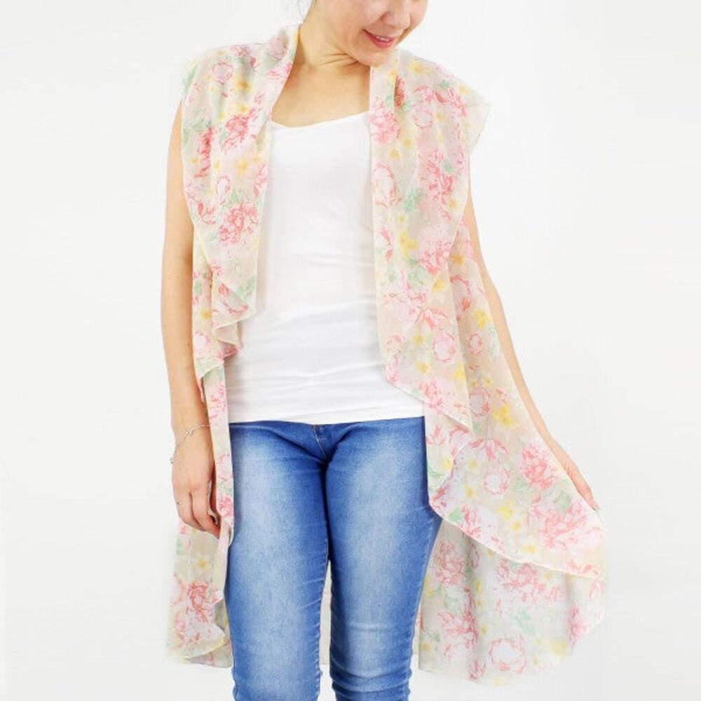 Floral Print Kimono Vest – Beige | Lightweight Boho Layer